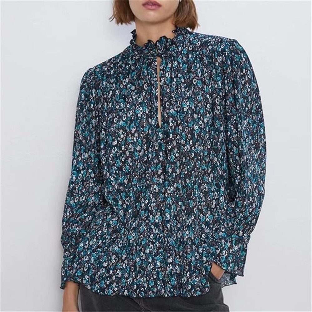 Zara ruffle Floral Blue Blouse size M